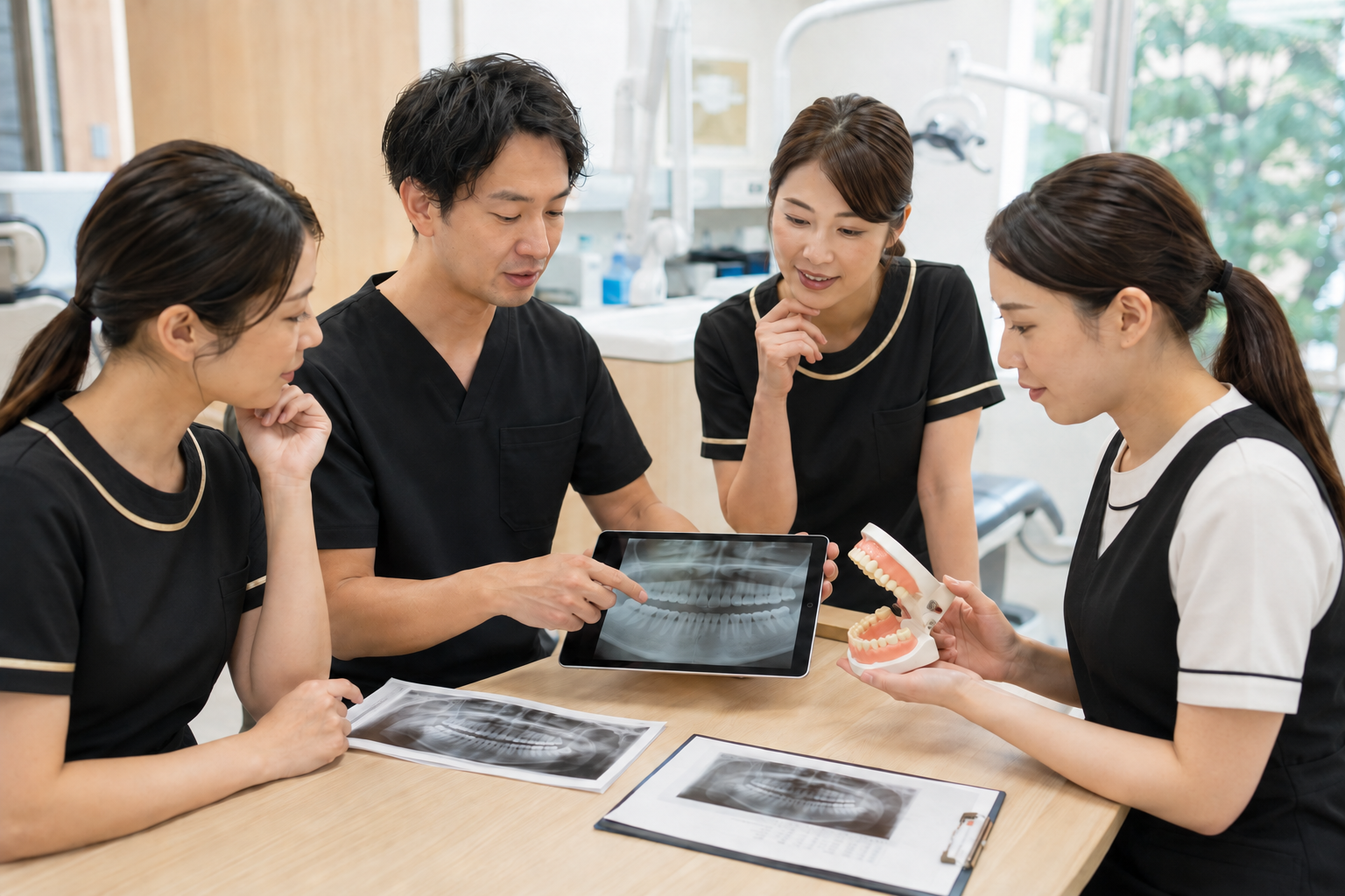 歯科の症例資料と模型を囲んで学び合うスタッフ